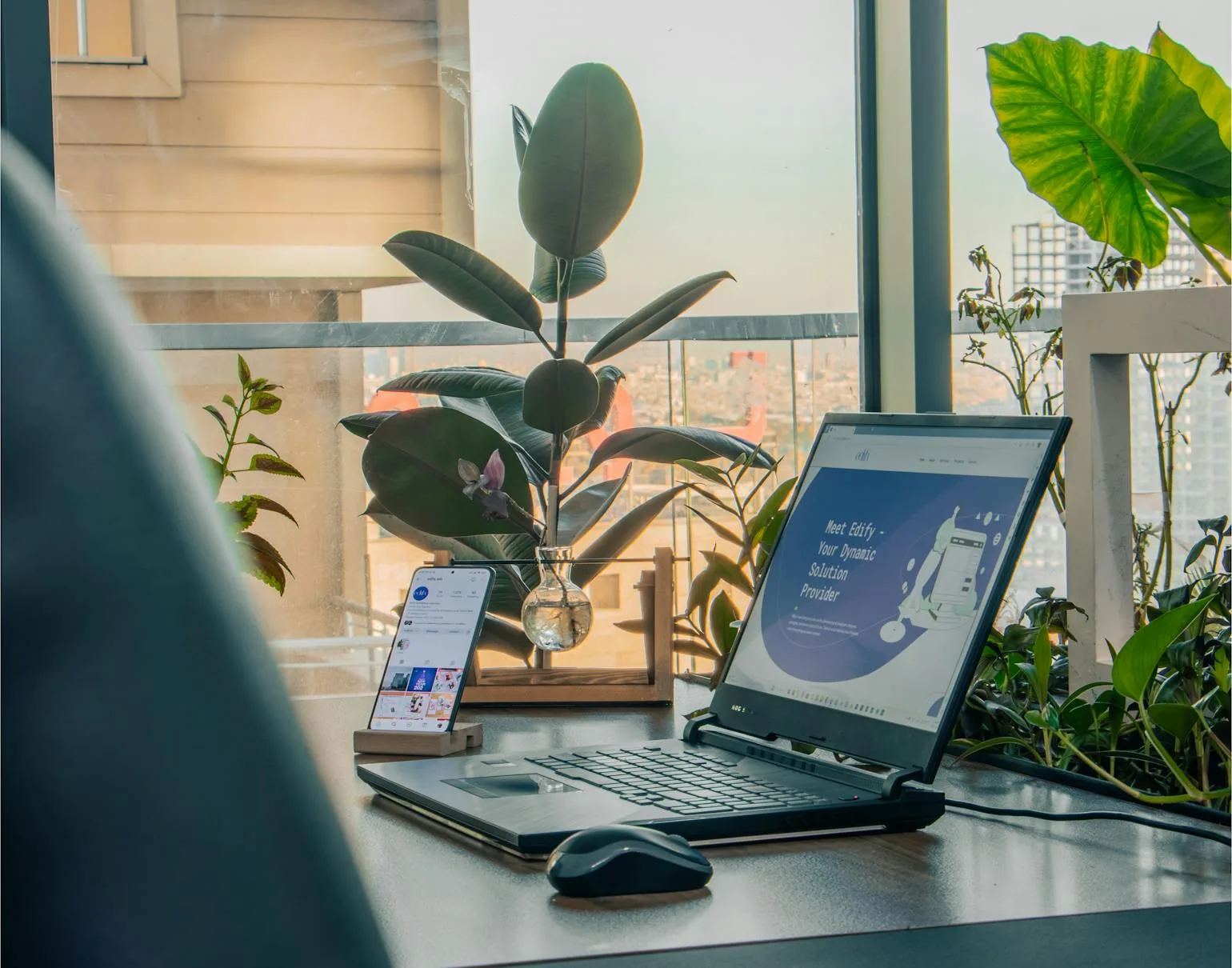 Consultation-ready office workspace with a laptop, plants, and natural light.